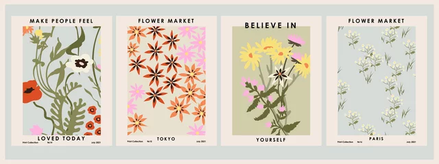  Botanical poster set flowers and branches. Modern style, pastel colors  © NKTN