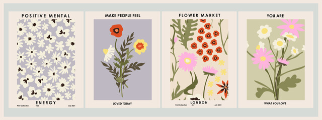 Botanical poster set flowers and branches. Modern style, pastel colors	