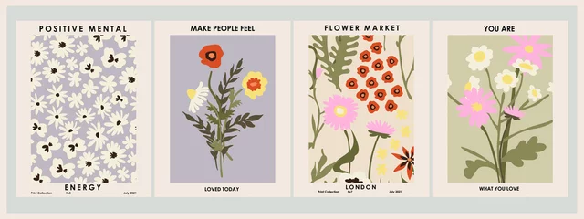 Gordijnen Botanische poster set bloemen en takken. Moderne stijl, pastelkleuren © NKTN