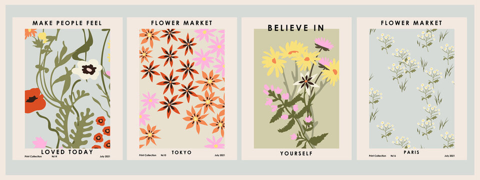 Botanical poster set flowers and branches. Modern style, pastel colors	