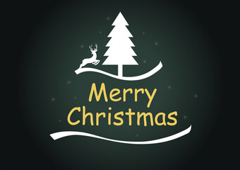 Two colors, white and gold. vintage design Merry Christmas logo mark. Illustration of Christmas tree and reindeer.