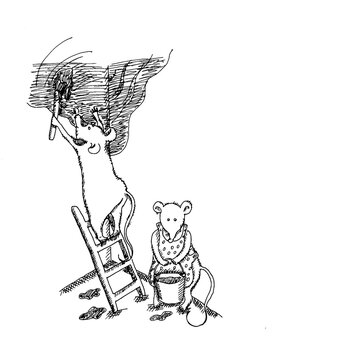 Hand drawn illustration, graphics, sketch, cute mice are doing repairs