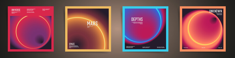 Neon modern art square cover design. Social media square post template with cyberpunk blurry laser gradient. Circular radial gradient layout template design set for poster, post and banners. Vector.