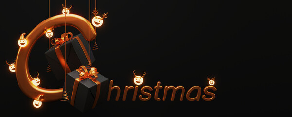 3D Bronze Christmas Font With Shiny Emojies And Gift Boxes On Black Background.