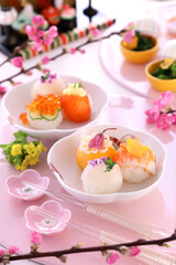 Homemade ball-shaped sushi for Japanese doll's festival. ひなまつり　桃の節句　手まり寿司　