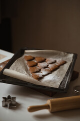 Shape of the Christmas tree is made of gingerbread and powdered with sugar