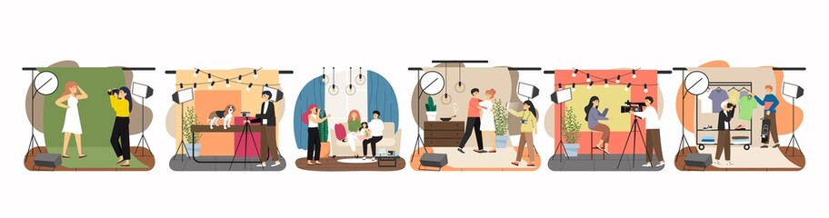 Photographer taking photo of model, couple, dog, family, vector illustration. Photographer profession, occupation.