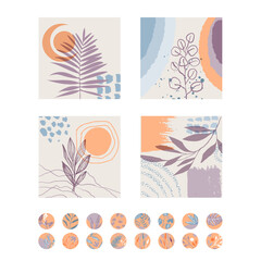 Abstract decor with plants. A set of spotted flowers in the boho style. Creative templates for social networks