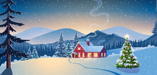 A house in a snowy Christmas landscape at night.