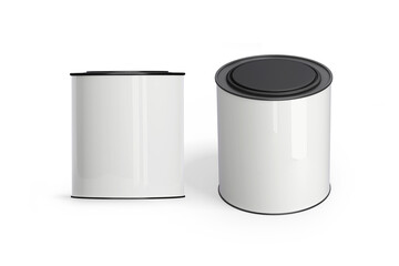 Blank white metal paint can mockup isolated on a background. Front and top view, 3d rendering. 