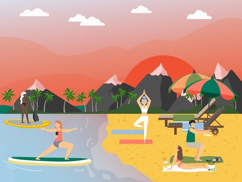 Young people practicing yoga on beach, vector illustration. Active and healthy lifestyle, beach yoga, summer activities.