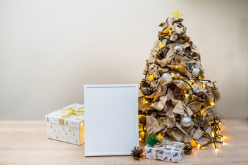 Alternative Christmas tree from craft paper and pine cones eco zero waste decor