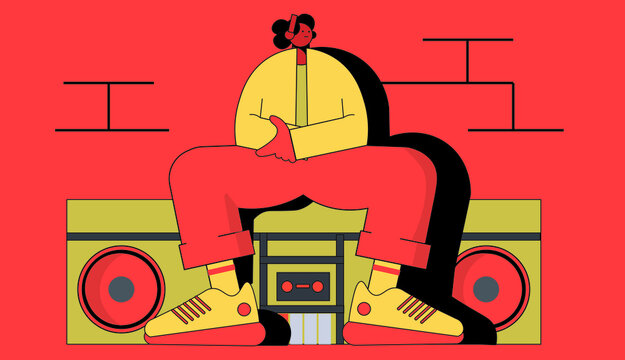 Lat Style Vector Illustration Of A Flat Female Character Sitting On The Old Style TV Set Against The Red Brick Wall. Rapper, Hip-hop Girl In Sneakers And Headphones