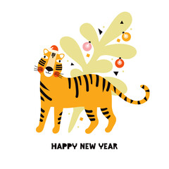Year of the Tiger. Funny tiger in a Santa Claus hat next to the Christmas tree. Happy New Year greeting card, banner or poster. Template with congratulatory text. Hand drawn flat illustration.