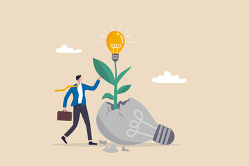 Fail to success, aspiration and effort to invent new innovation, learn from mistake or motivation to success, cheerful businessman look at seedling bright lightbulb idea plant grow from broken one. - obrazy, fototapety, plakaty