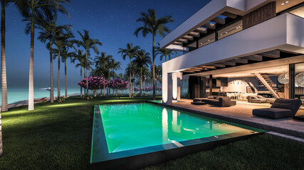Fototapeta na wymiar 3d rendering of modern cozy house with pool and parking for sale or rent in luxurious style by the sea or ocean. Starlight night by the azure coast with palm trees and flowers in tropical island