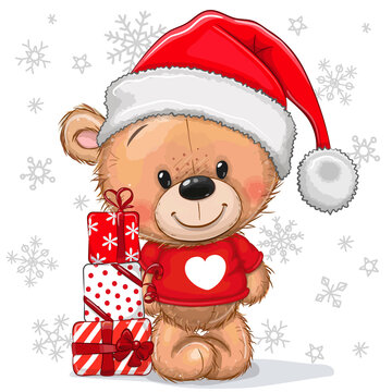 Cute Teddy Bear in a Santa hat with gifts