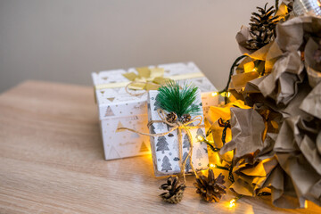 Alternative Christmas tree from craft paper and pine cones eco zero waste decor