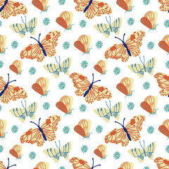 Seamless vector pattern with flowers and butterflies on isolated background.Decorative,festive,repeating,bright print in flecked style.Design for textiles,wrapping paper,packaging,fabric.