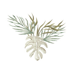Watercolor dry tropical leaves on white background