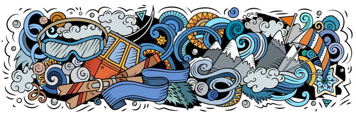 Ski Resort hand drawn cartoon doodles illustration.