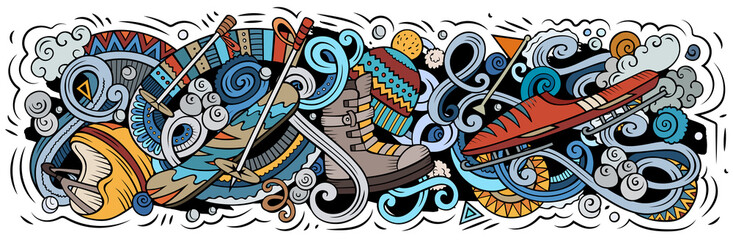 Ski Resort hand drawn cartoon doodles illustration.