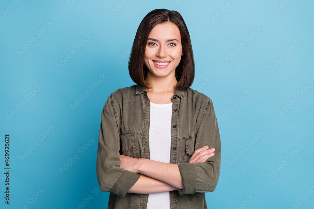 Sticker photo of charming cool lady arms crossed ready for start-up work wear grey clothes isolated over blu