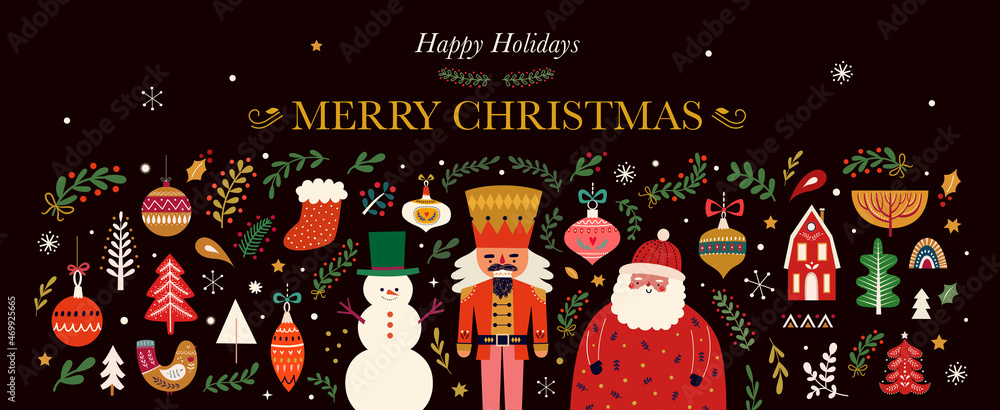 Poster classic christmas greeting banner with funny santa claus, nutcracker, gift boxes. big christmas coll