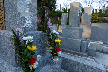 墓石と供花　墓参り・供養　イメージ　Japanese style grave with offering flowers
