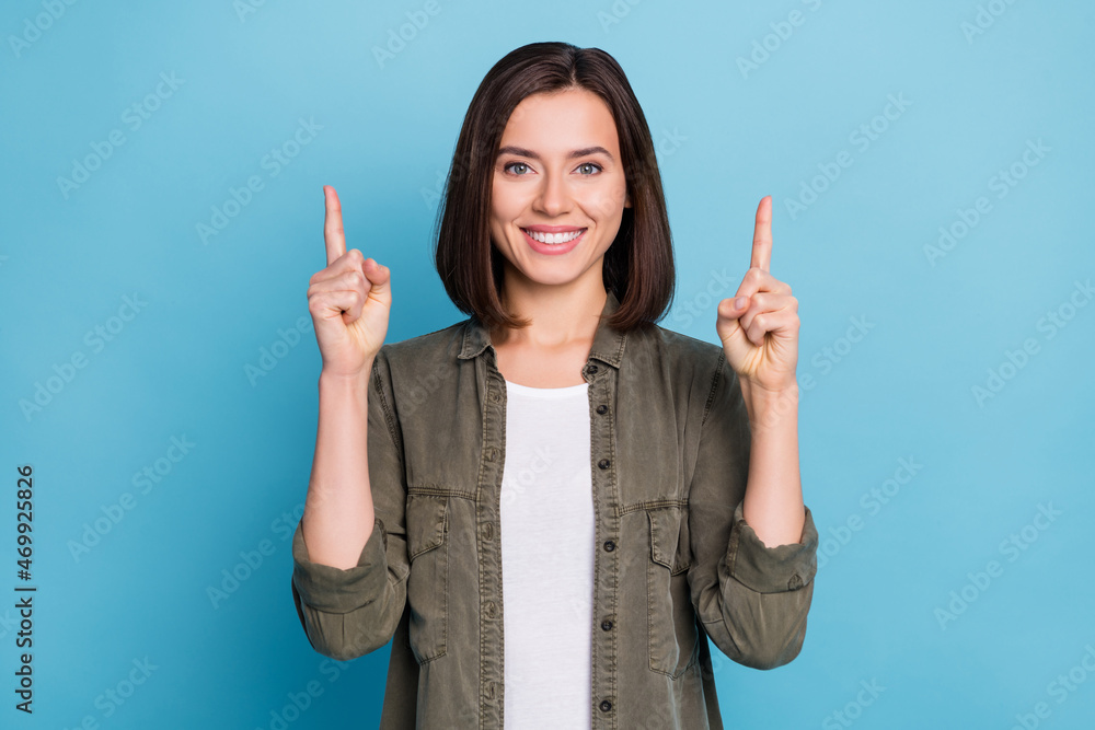 Sticker photo of promoter lady point hands up empty space present ads promo wear khaki clothes isolated over