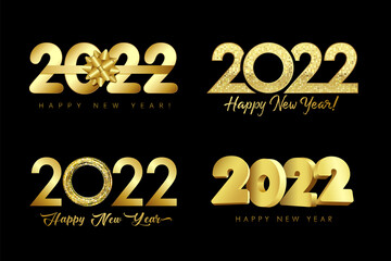 Big Set of 2022 golden logo design elegant bow, ring, mosaic and 3d numbers on black background. Christmas typography with gold color text for banner, calendar or greeting card. Vector Illustration