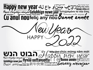 2022 Happy New Year in different languages, celebration word cloud greeting card