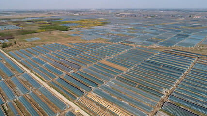 Overlooking from the air, vegetable planting greenhouses are in the countryside, North China
