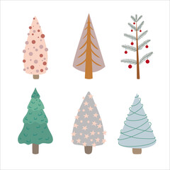 Christmas tree with doodle style decorations. Simple decor for festive Christmas and New Years. Vector illustration isolated on white background.