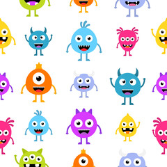 Fototapeta premium Seamless pattern cartoon cute monsters background. Halloween aliens texture.