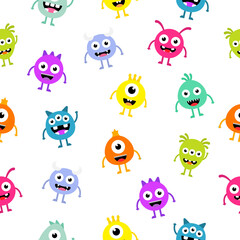 Seamless pattern cartoon cute monsters background. Halloween aliens texture.