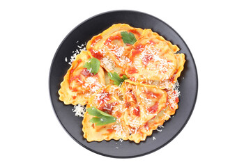 Plate with delicious ravioli isolated on white background