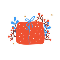 Red Christmas present. New Year red giftbox decorated with berries, winter branches for seasonal celebration design