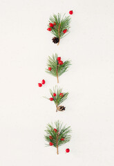 Pine green branches with red berries, pine cones on white background. Christmas background, top view, vertical image, copy space.