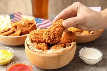 Concept of Super bowl snacks on gray wooden table
