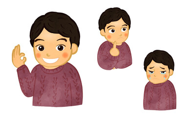 Boy's upper body illustration set in a sweater Asian Ver