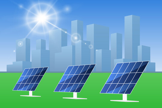 Solar cells near city. Sustainable energy. Vector illustration.