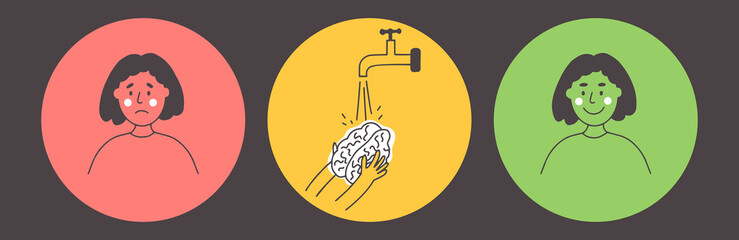 Set of abstract vector illustrations of female character washing brain. Brainwashing, clean mind. Psychology, therapy, making happy. Sad woman cleaning brain under water tap. Mental health, self care