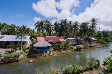 Fototapeta na wymiar Wooden houses of tropical village on the river shore.
