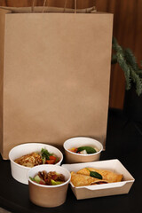 Healthy restaurant food delivery, business lunch and diet plan, fresh daily meals. Daily vegetarian food in eco boxes with copy space