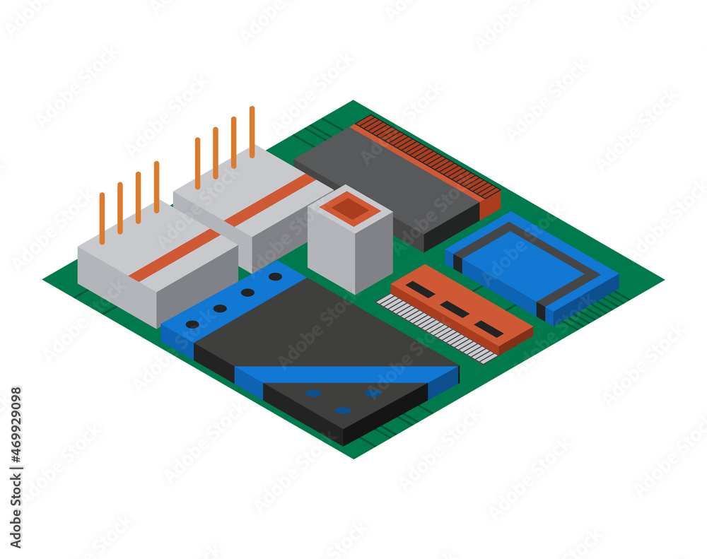 Aufkleber isometric circuit board with electronic components. computer chip technology processor circuit and c