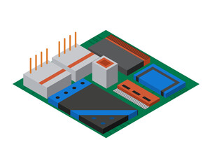 Isometric circuit board with electronic components. Computer chip technology processor circuit and computer motherboard information system. Technology equipment device concept