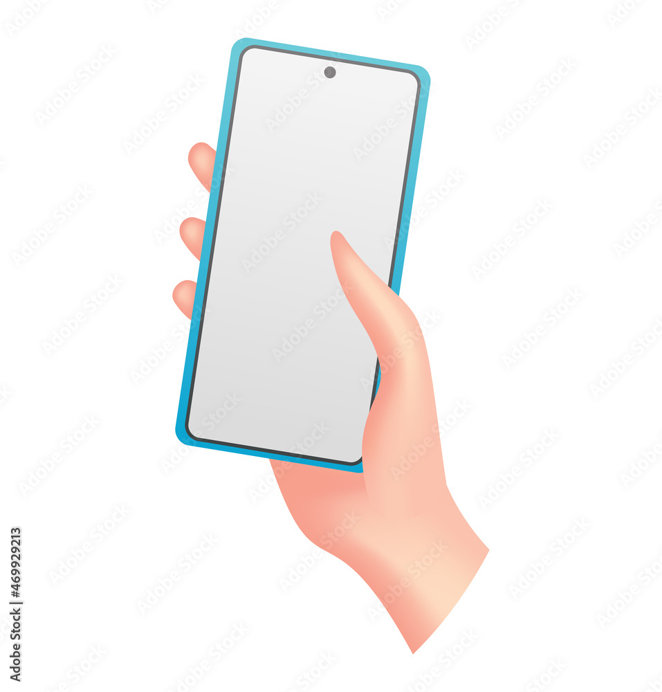 Poster cartoon hand with phone. human holding phone with empty screen. mock up of social network communicat