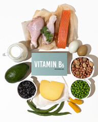 A set of natural products rich in vitamin b5 Pantothenic acid. Healthy food concept. Cardboard sign...