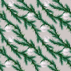 Seamless watercolor hand drawn branches of a Christmas tree. Decorated fir tree with balls for a New Year's gift or wrapping paper, fabric. Fashionable gray-green range. Elegant minimalism.